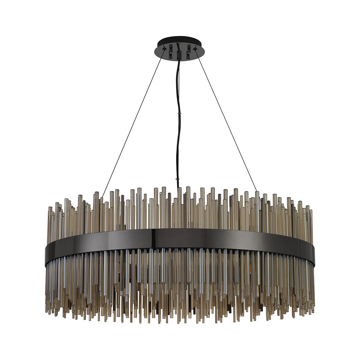 Round chandelier with a dark metal frame and numerous clear glass rods hanging vertically