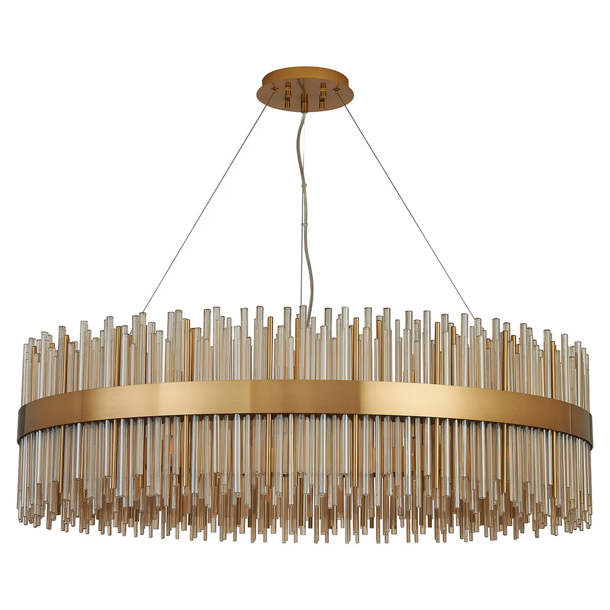 Oval chandelier with a gold frame and clear and amber glass rods