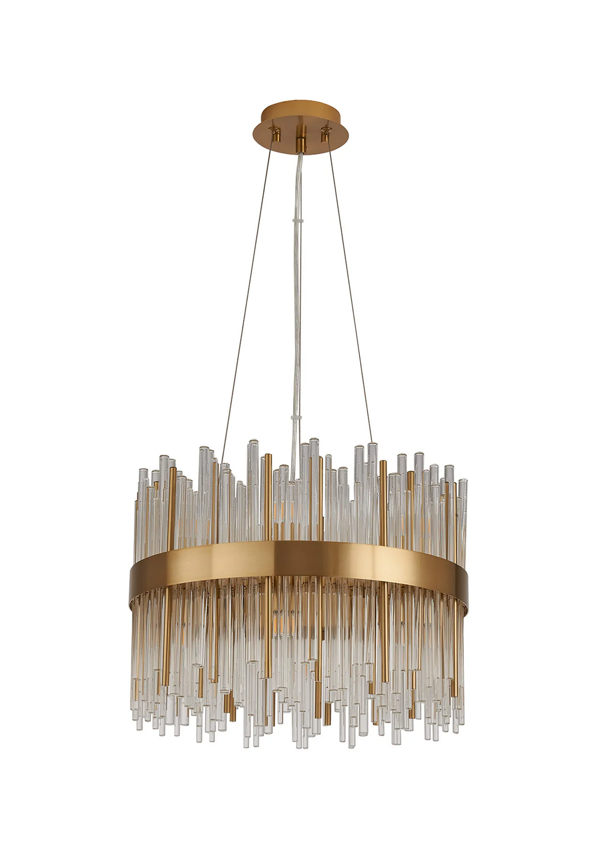 Round chandelier with a gold frame and clear glass rods of varying lengths