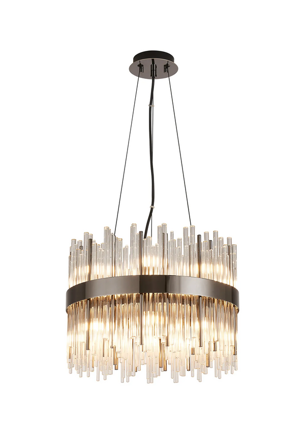 Round chandelier with a dark metal band and clear glass rods of varying lengths