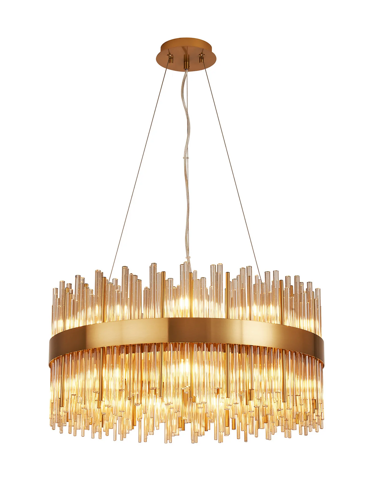 Round gold chandelier with multiple glass rods