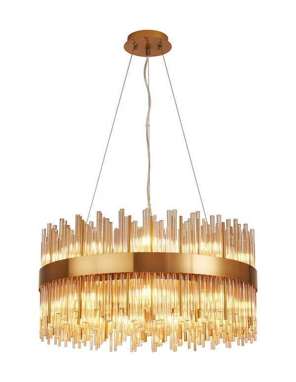 Round gold chandelier with multiple glass rods