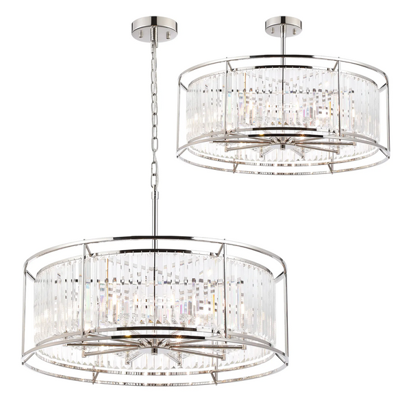 Two round crystal chandeliers with chrome frames, one hanging by a chain and the other flush mounted