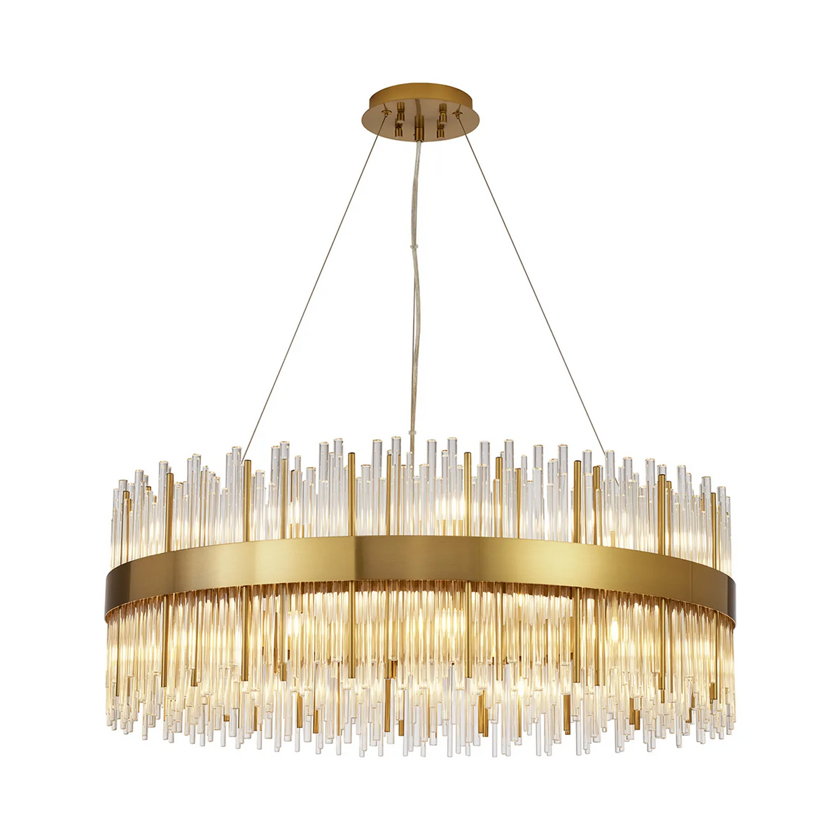 Round gold chandelier with clear glass rods hanging at varying lengths