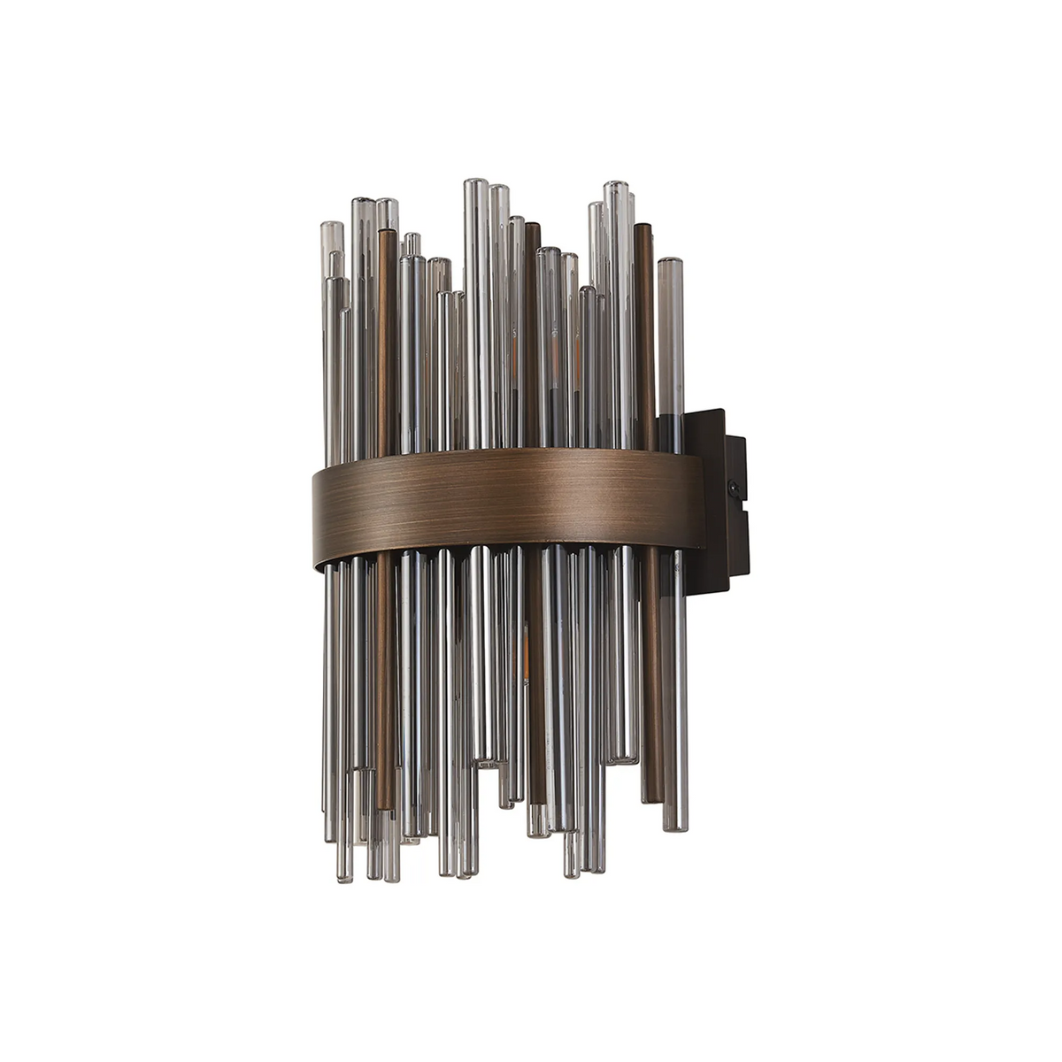 Wall sconce with clear and bronze glass rods in varying lengths, secured by a bronze band