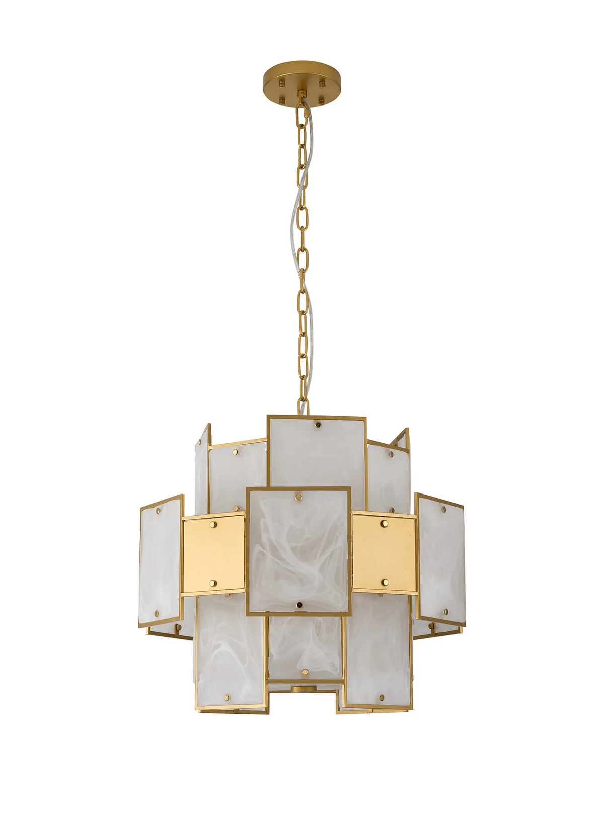 Gold chandelier with rectangular white and gold panels