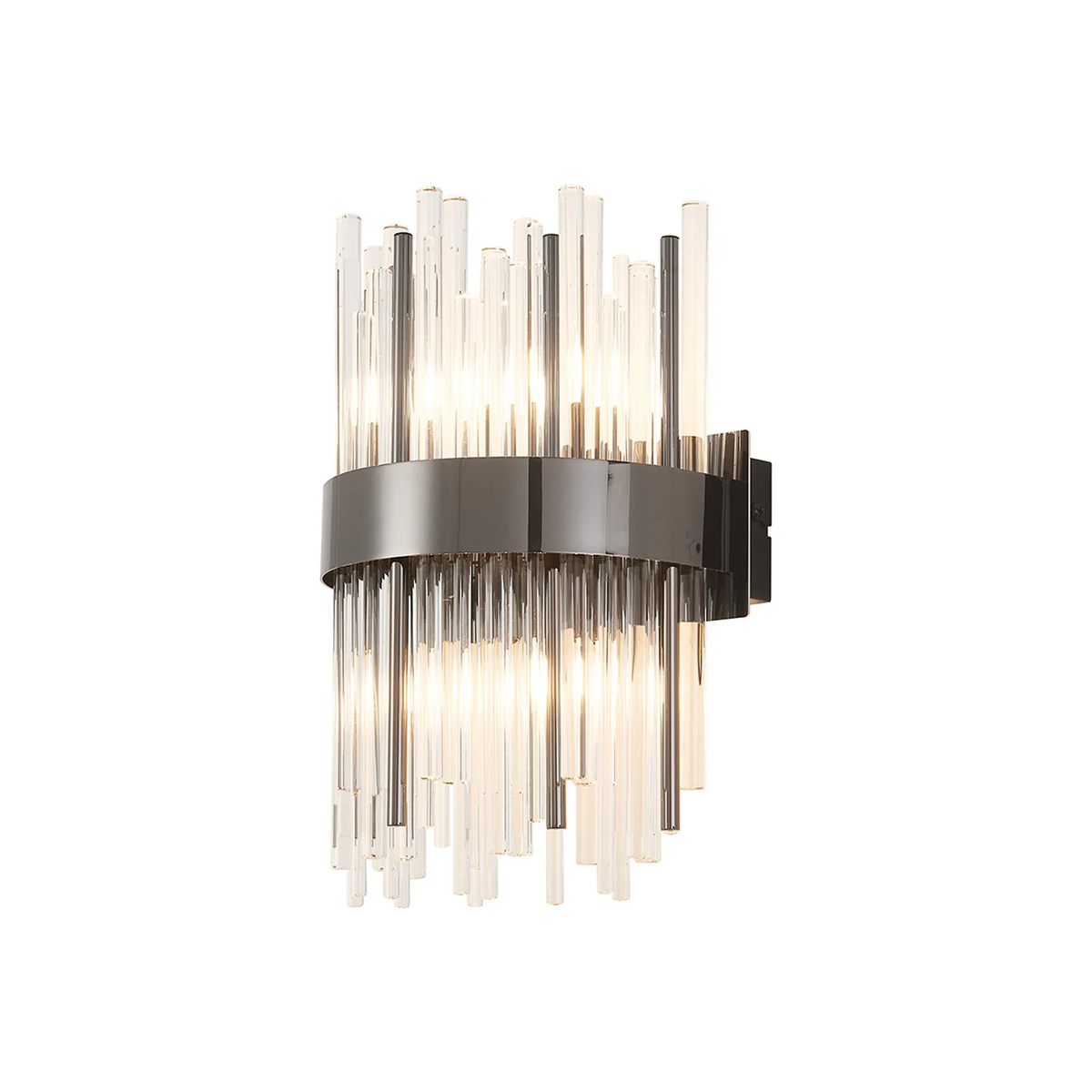 Modern wall sconce with clear and dark glass rods arranged vertically around a metal band