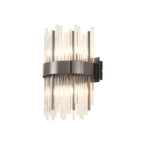 Modern wall sconce with clear and dark glass rods arranged vertically around a metal band