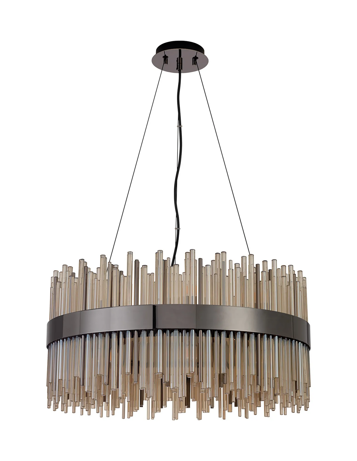 Round chandelier with a dark metal frame and vertical amber glass rods of varying lengths