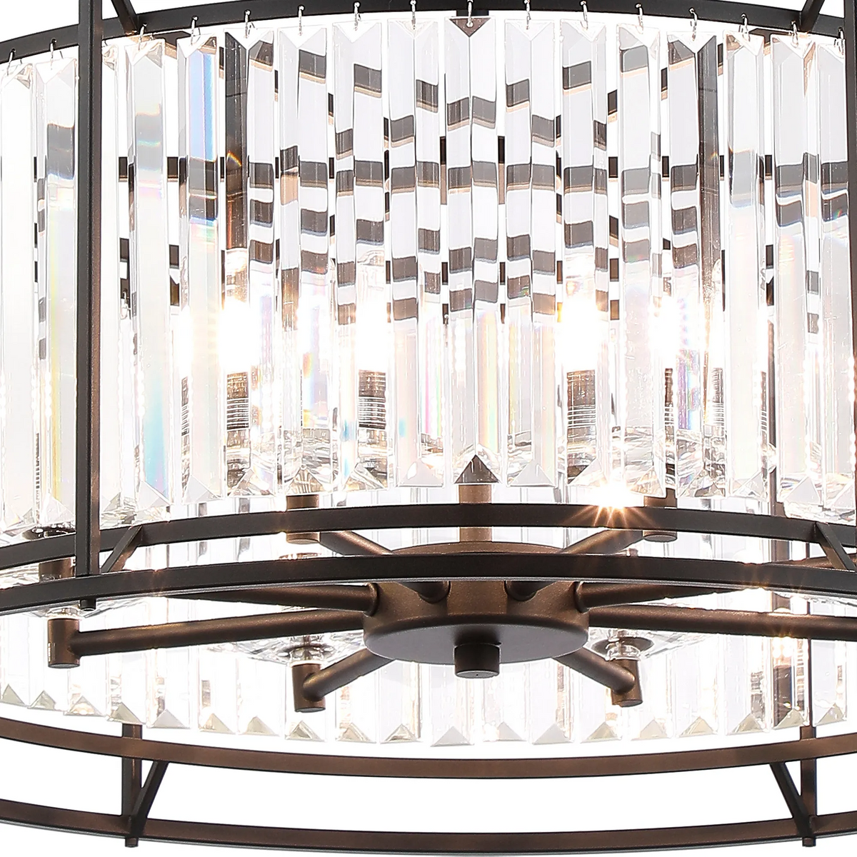 Close up of a crystal chandelier with a dark bronze frame and rectangular crystal prisms