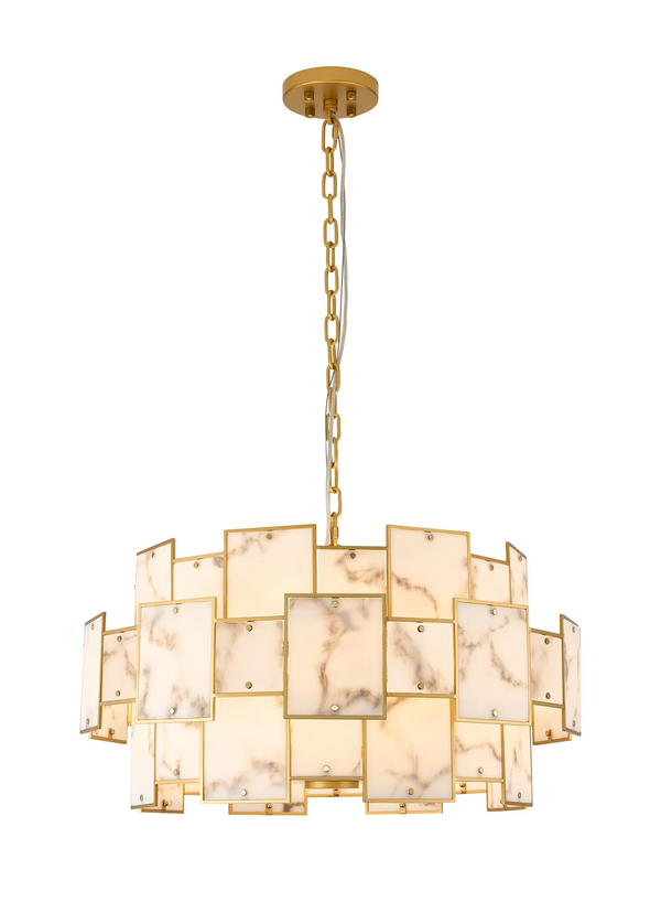 Gold chandelier with rectangular marble-patterned panels