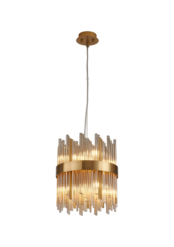 Gold chandelier with clear glass rods in a cylindrical shape