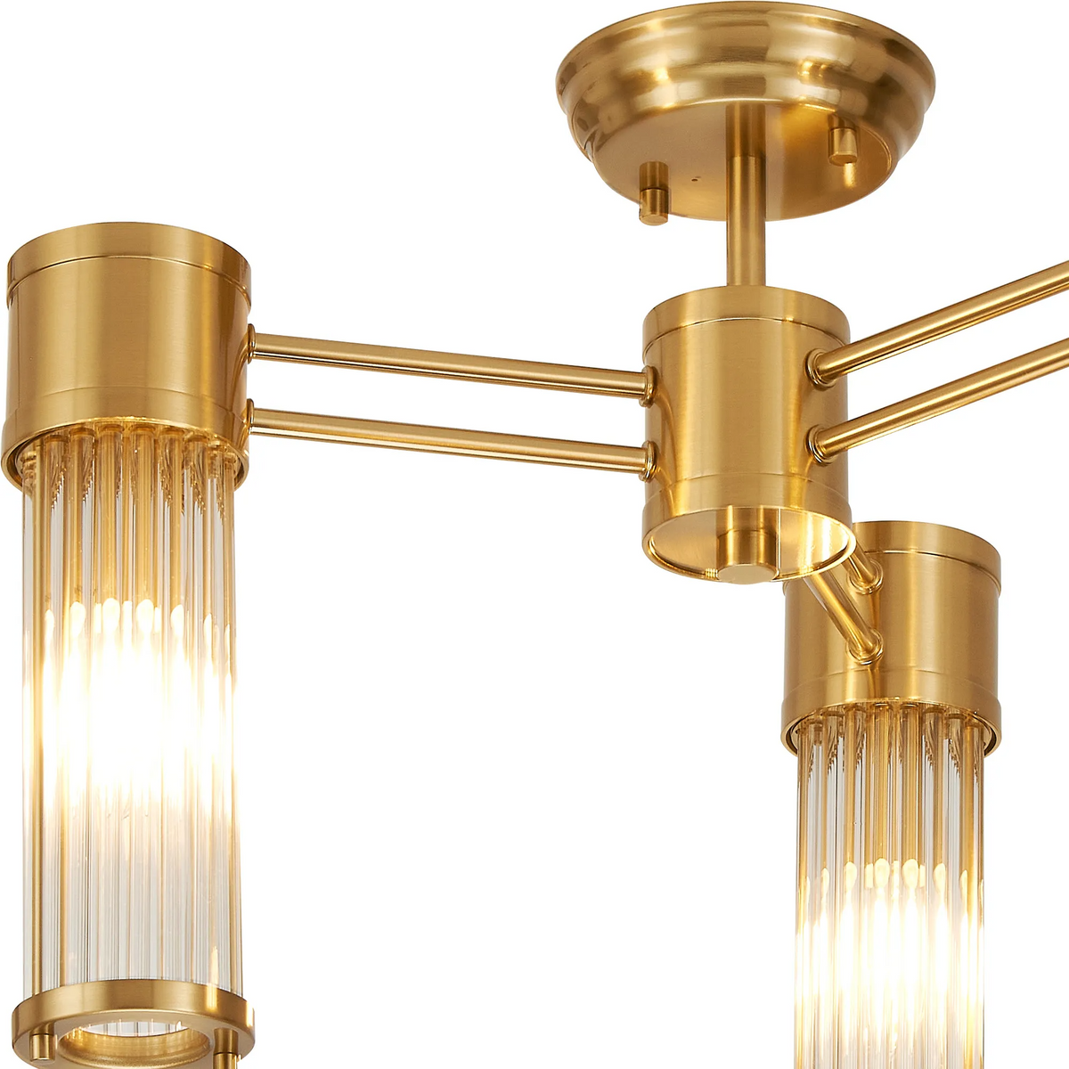Tansley E14 IP44 Three Light Semi Flush Ceiling Light in Gold with Clear Glass Rods