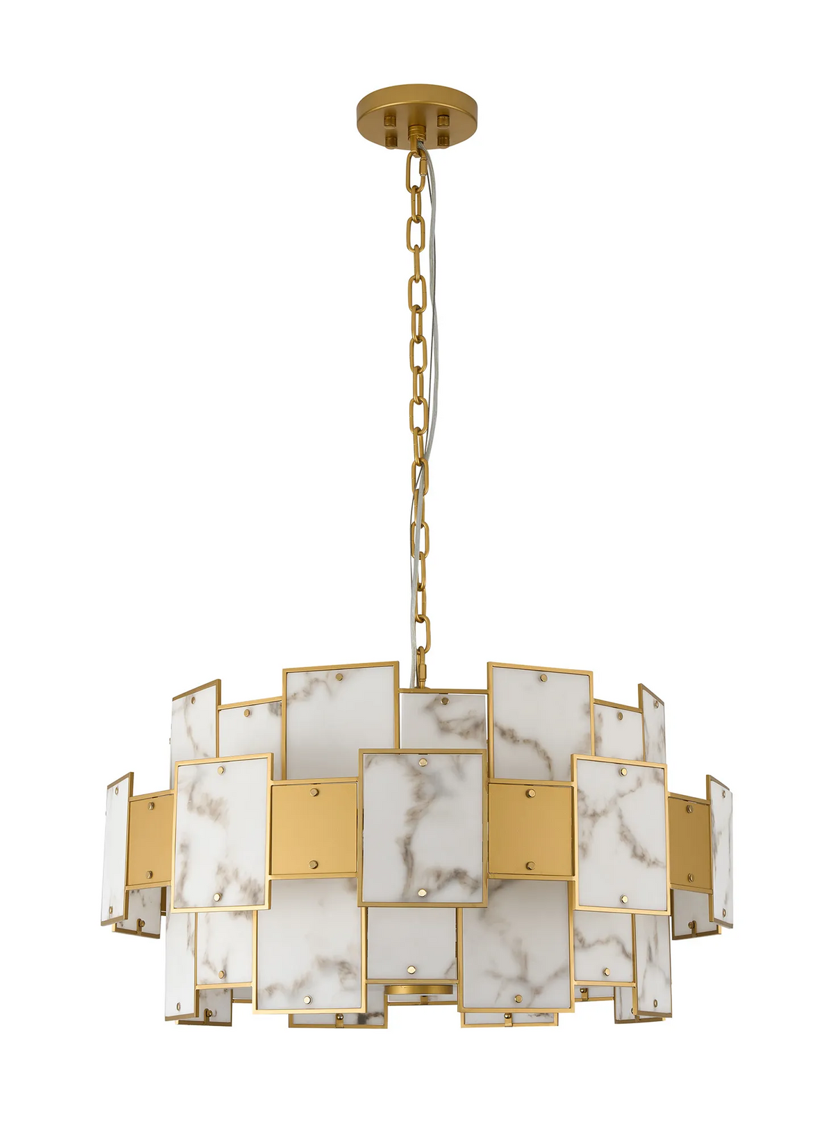 Gold and white chandelier with rectangular marble-patterned panels