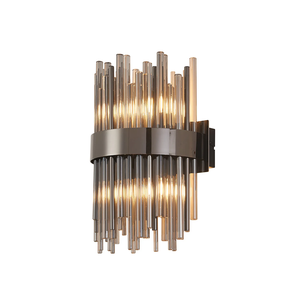 Wall sconce with vertical glass rods in varying lengths, a dark metal band, and illuminated bulbs