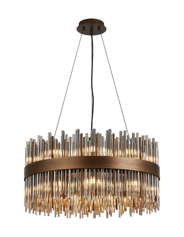Round chandelier with bronze frame and clear glass rods