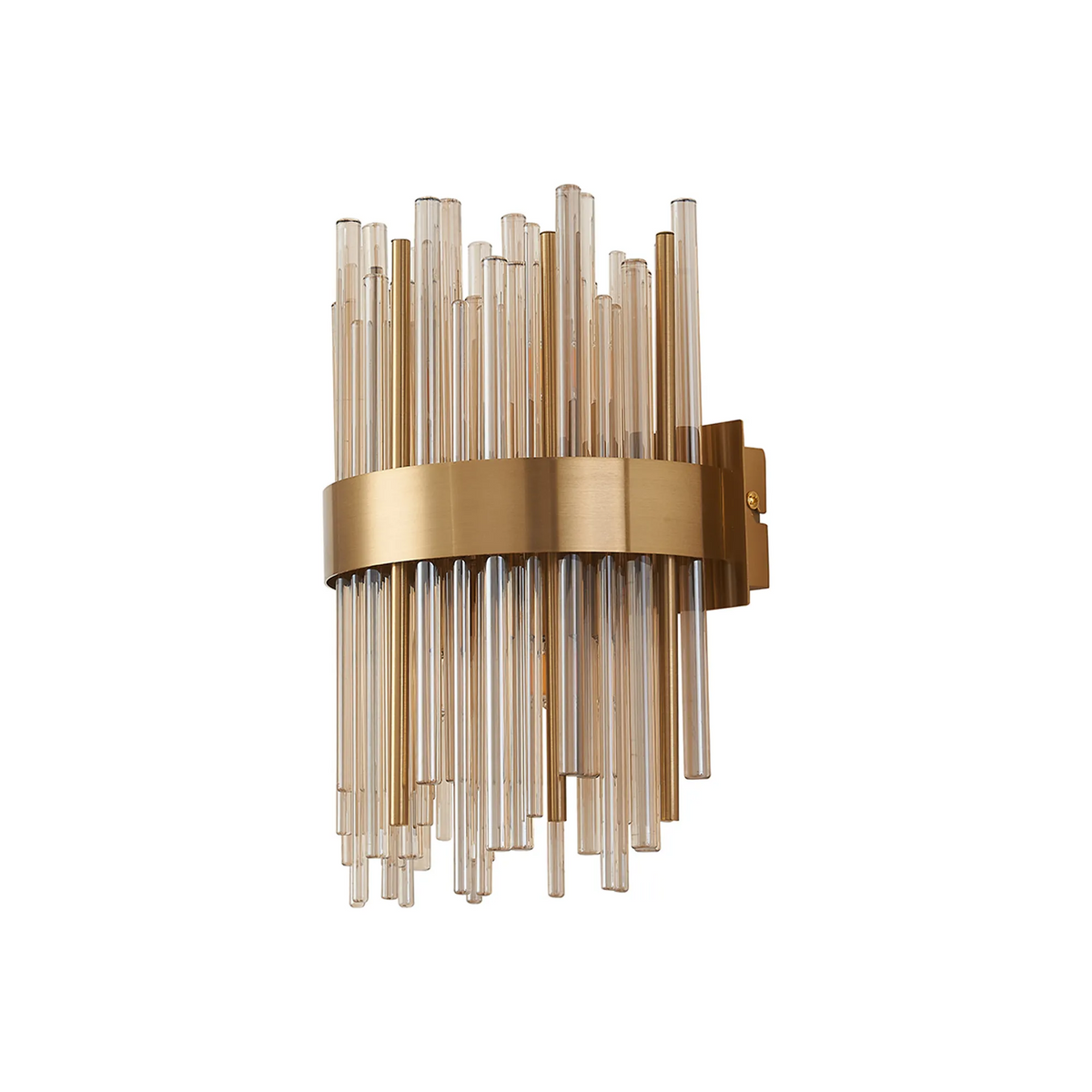 Wall sconce with a gold metal base and clear and amber glass rods arranged vertically