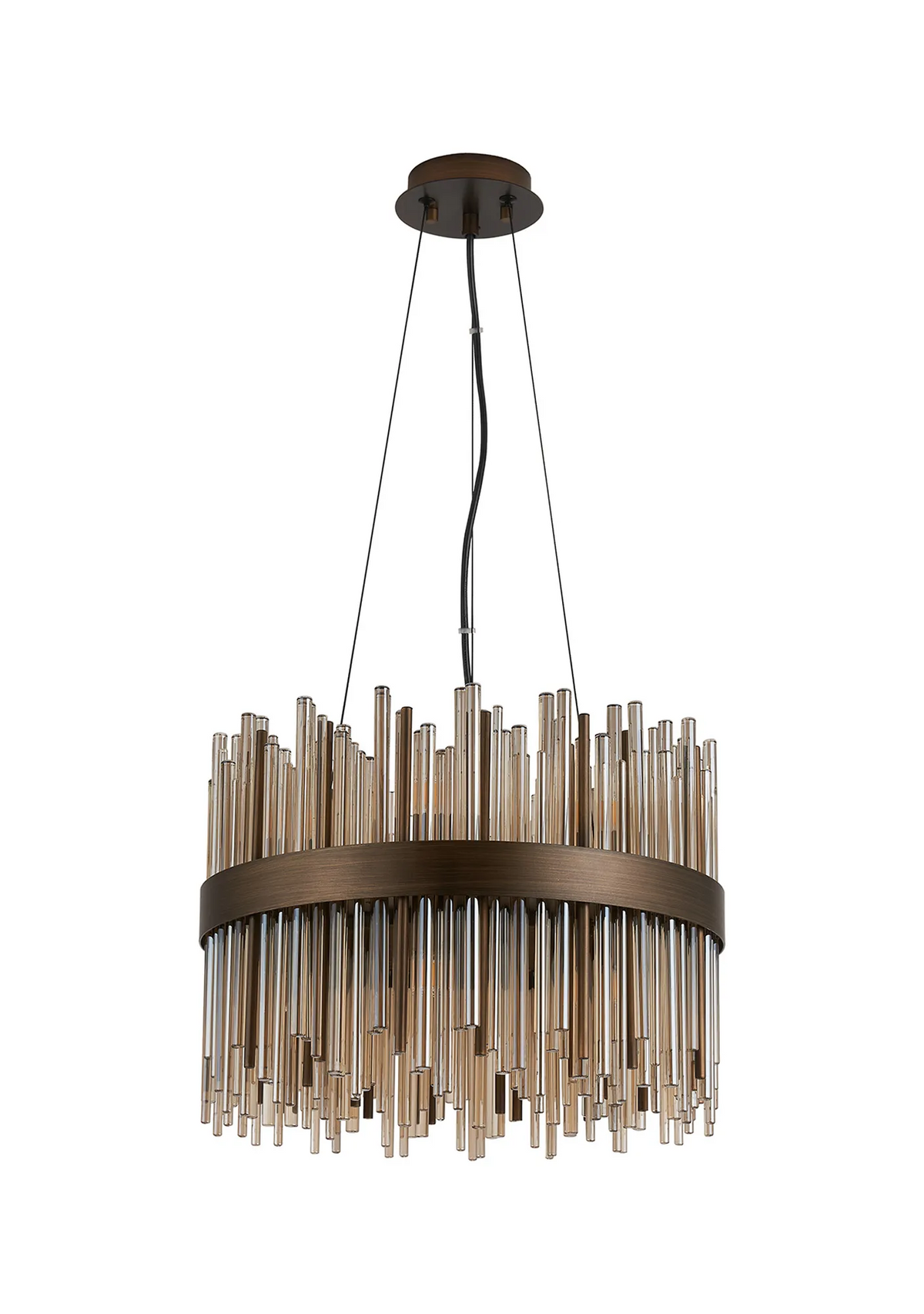 Round chandelier with bronze frame and varying lengths of amber glass rods