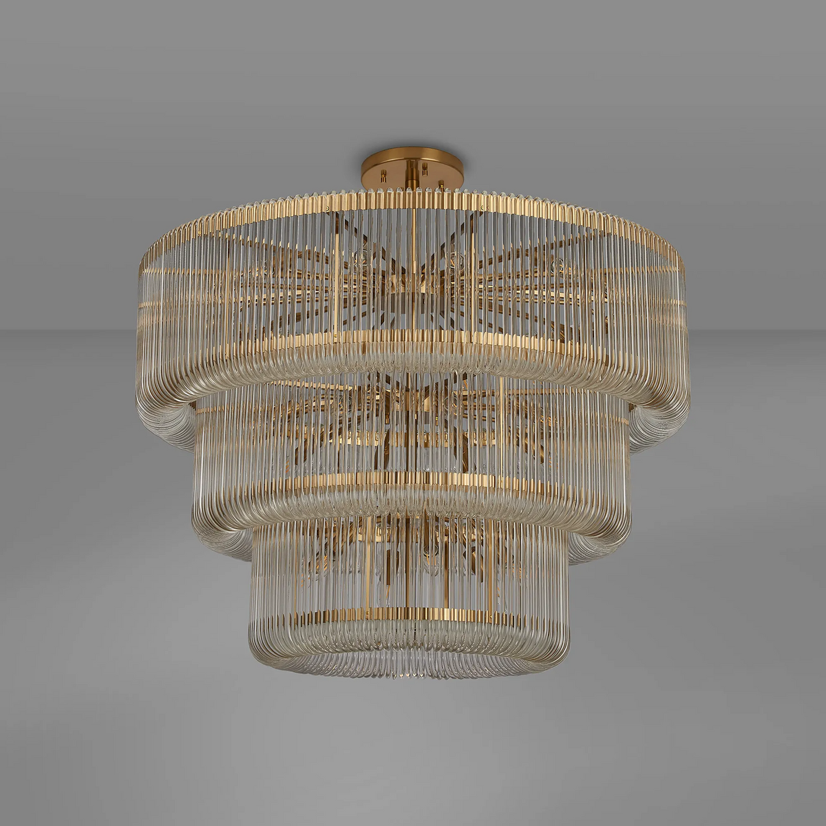 Jevington 1000mm Three Tier Pendant or Semi Flush in Brass with Clear Glass