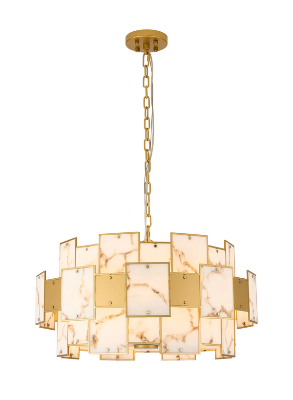 Gold chandelier with rectangular marble-patterned and solid gold panels