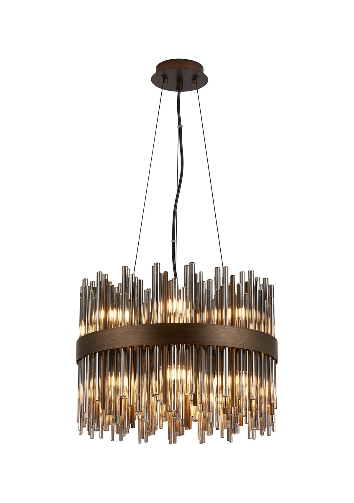 Round chandelier with bronze frame and clear glass rods