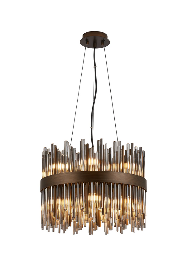 Round chandelier with bronze frame and clear glass rods