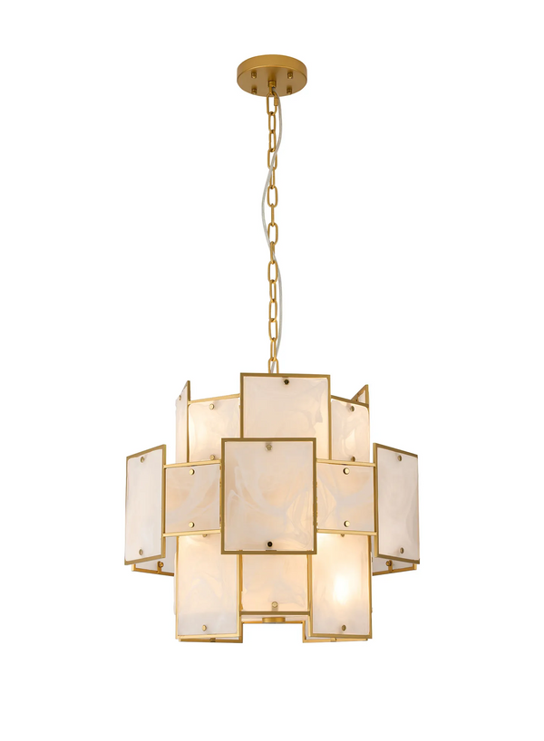 Gold chandelier with rectangular frosted glass panels