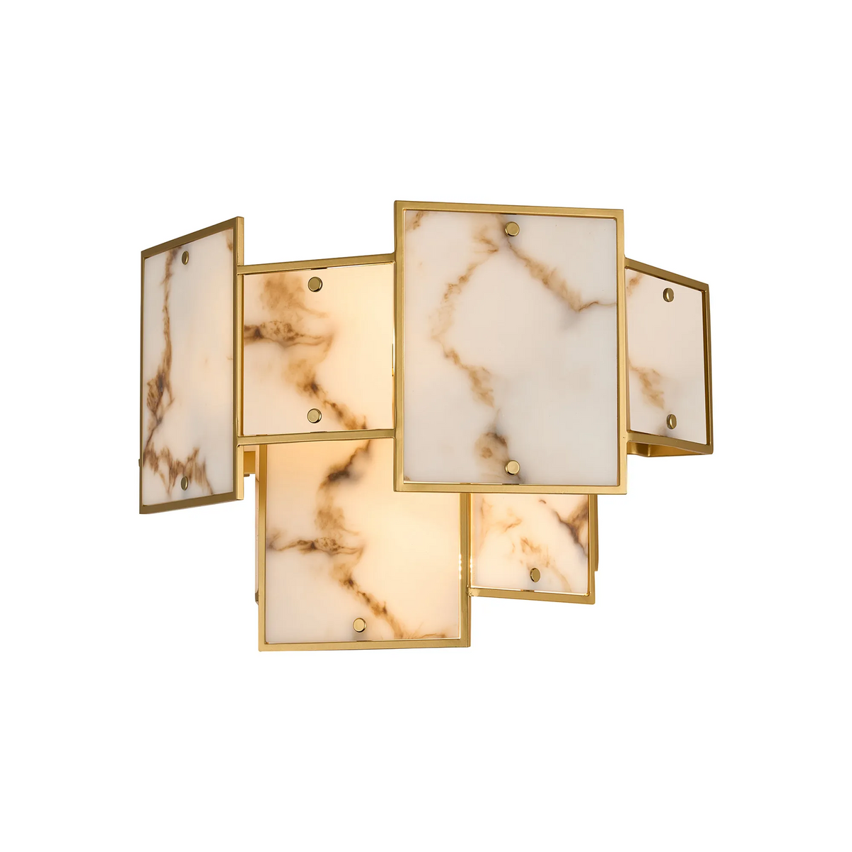 Gold framed wall sconce with rectangular white marble panels featuring brown veining