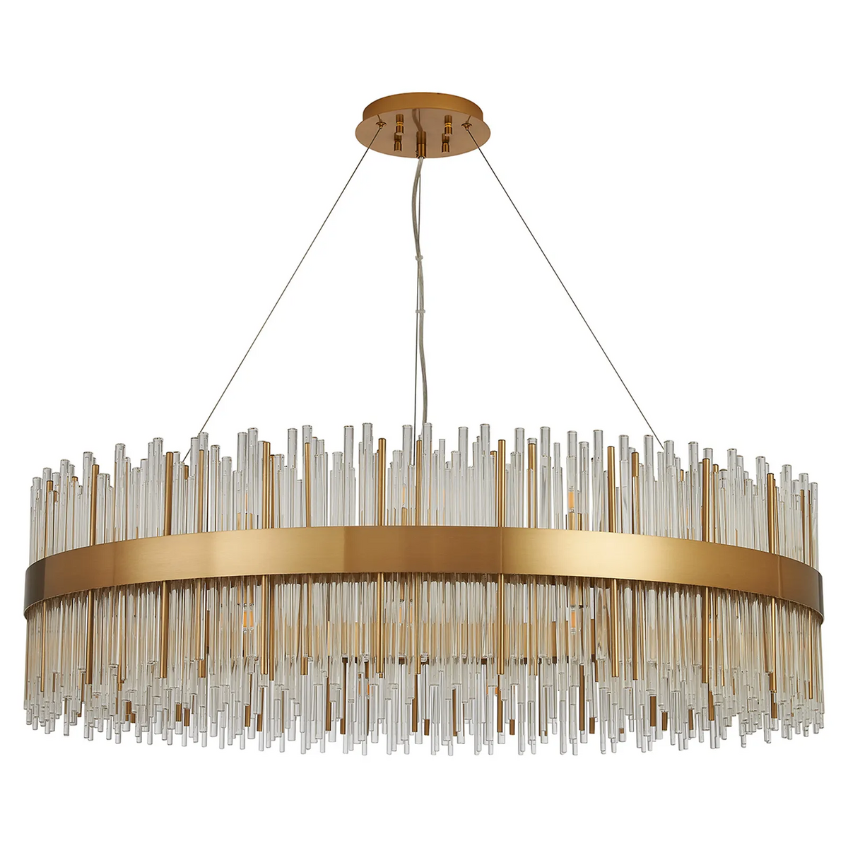 Round chandelier with a gold frame and clear glass rods hanging down