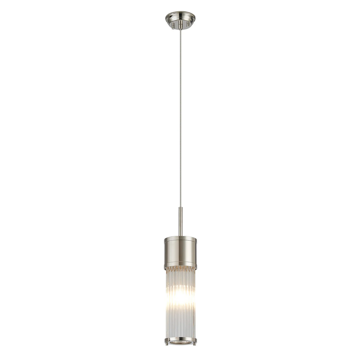 Tansley E14 IP44 Single Drop Pendant in Polished Nickel with Clear Glass Rods