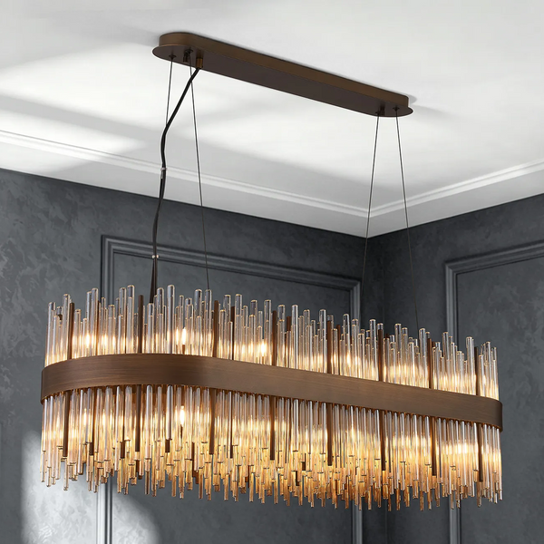 Rectangular chandelier with bronze frame and clear glass rods