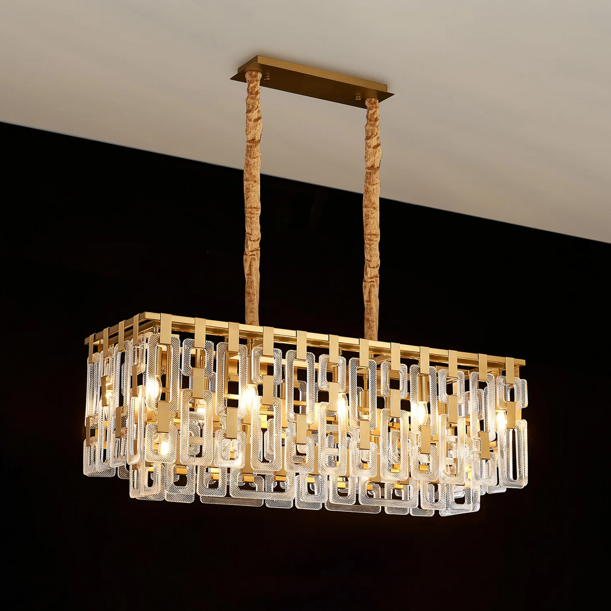 Heptonstall 1000mm Two Tier Linear Pendant in Matt Gold with Clear Glass