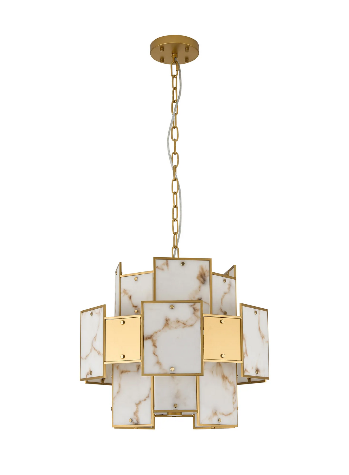 Gold chandelier with white and brown marble-patterned rectangular panels