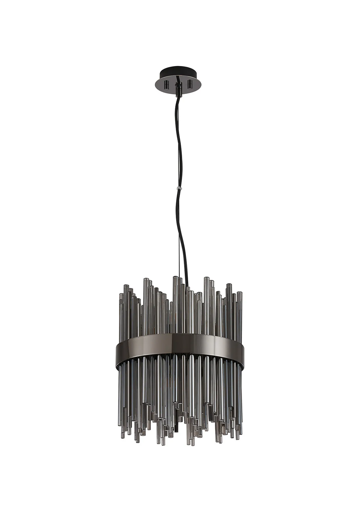 Black and silver chandelier with multiple hanging rods