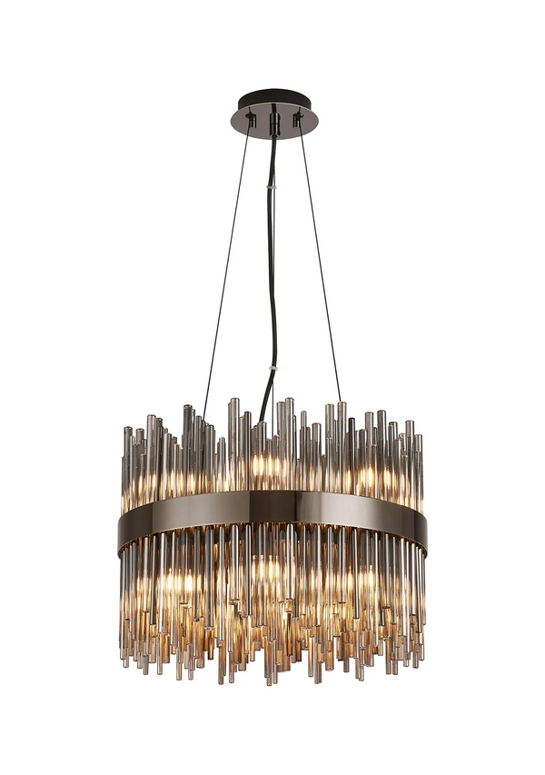 Round chandelier with dark metal frame and multiple clear glass rods, illuminated from within