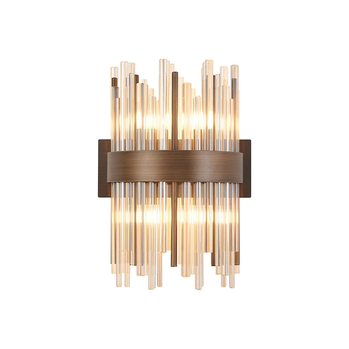 Bronze wall sconce with vertical clear glass rods and warm light