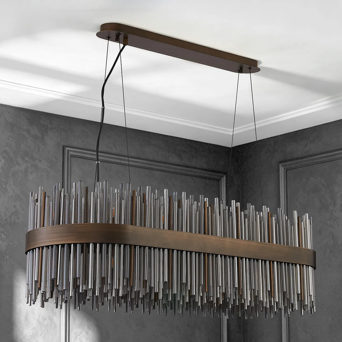 Rectangular chandelier with bronze frame and clear glass rods