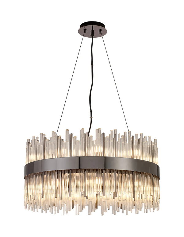 Round chandelier with a dark metal band and clear glass rods of varying lengths