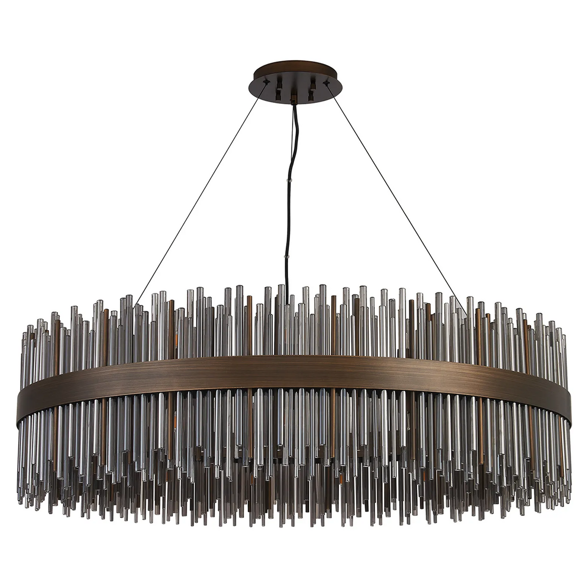 Oval chandelier with bronze frame and clear glass rods