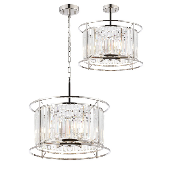 Two chrome and crystal chandeliers, one hanging by a chain, the other flush mounted