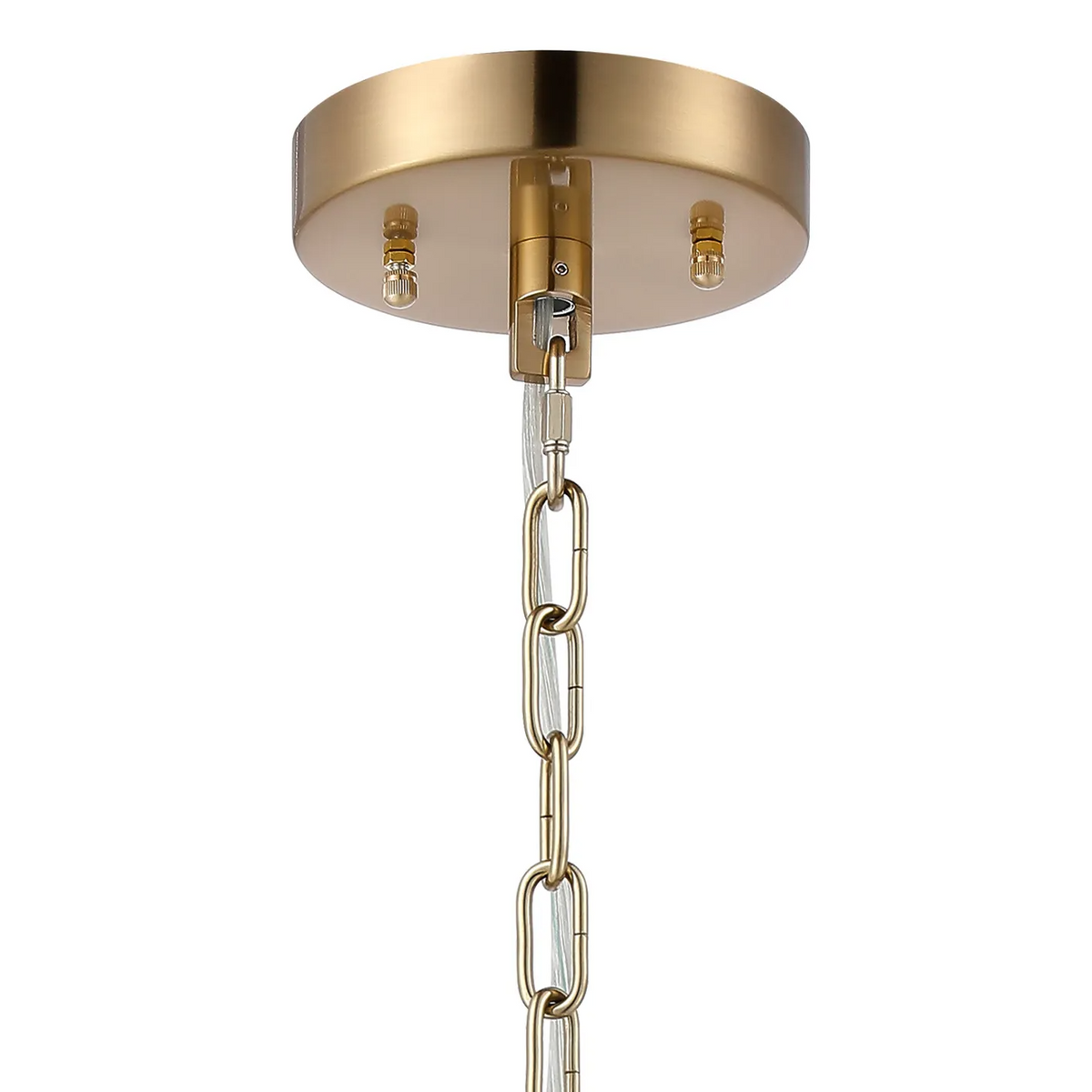 Brass ceiling canopy with a hanging chain and electrical wire