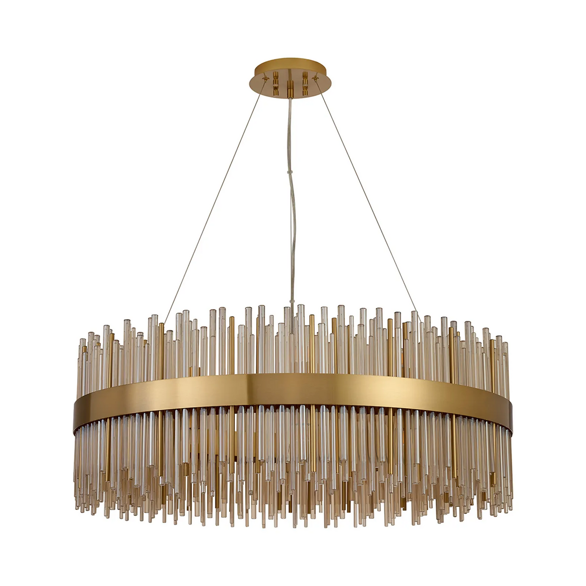 Round chandelier with a gold frame and clear glass rods