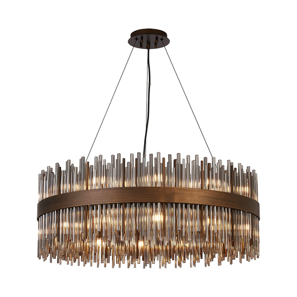 Round chandelier with bronze frame and clear glass rods
