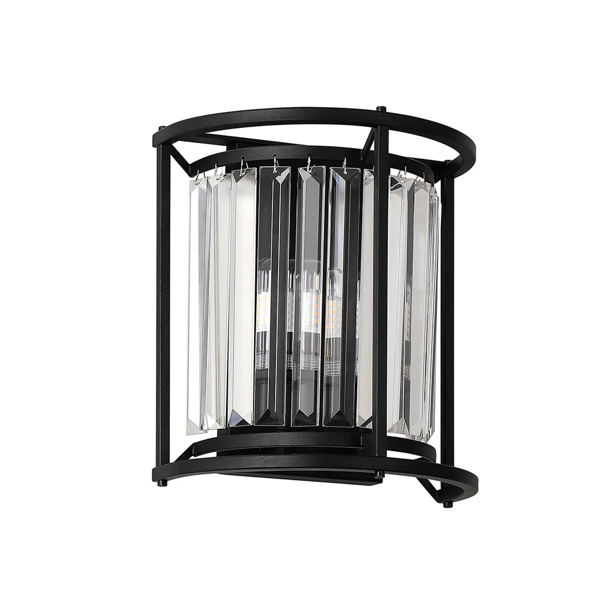 Black metal wall sconce with clear rectangular crystal accents and exposed light bulbs