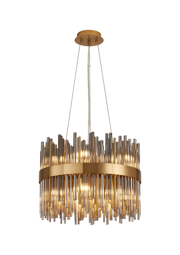 Round chandelier with gold frame and clear glass rods