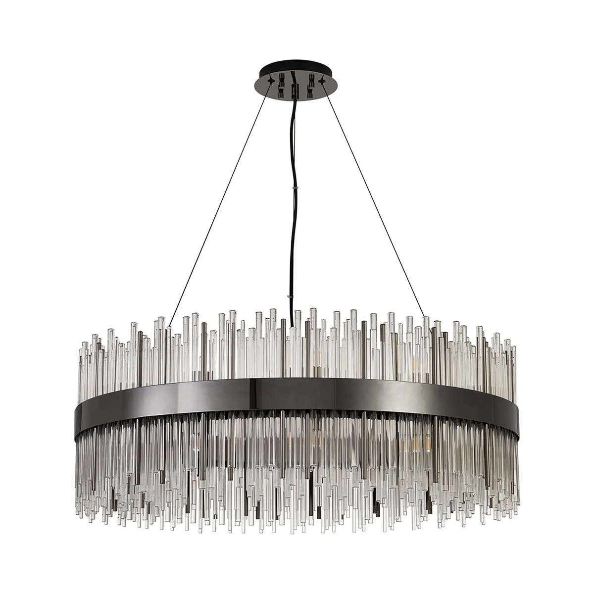 Round chandelier with a dark metal frame and clear glass rods hanging at varying lengths