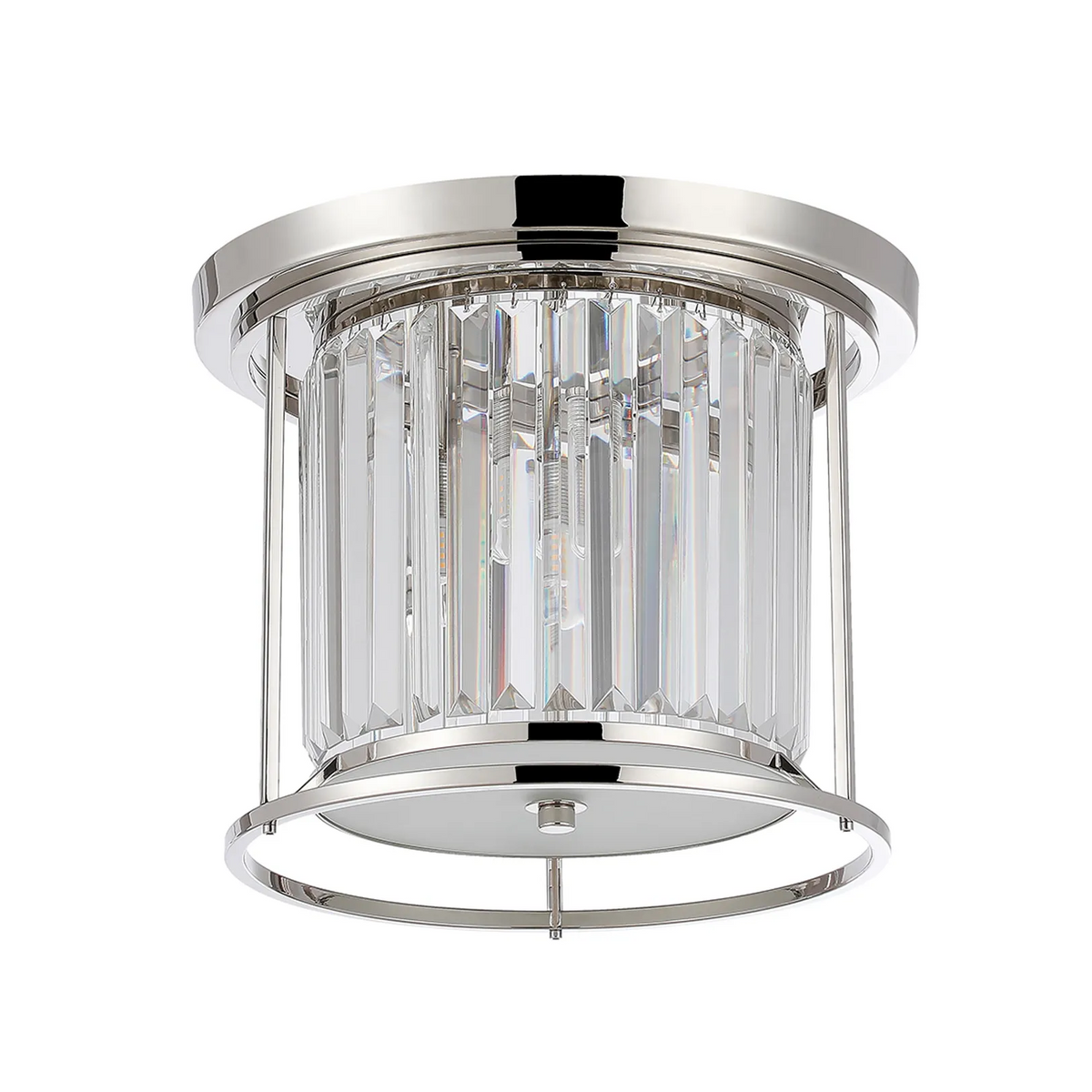 Polished nickel flush mount light with clear crystal rods