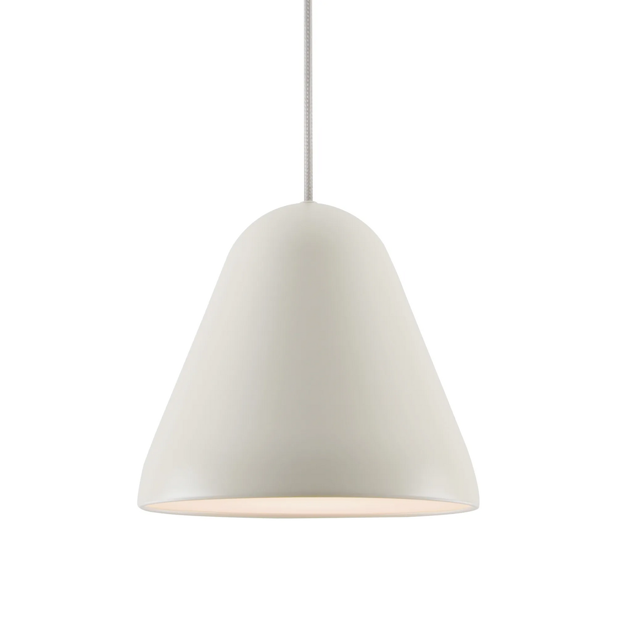 White pendant light with a conical shade and a light grey braided cord