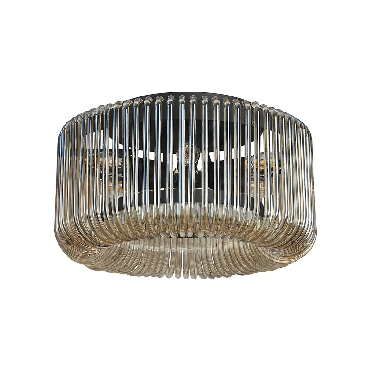 Jevington 400mm Flush Ceiling Light in Black with Smoke Brown Glass