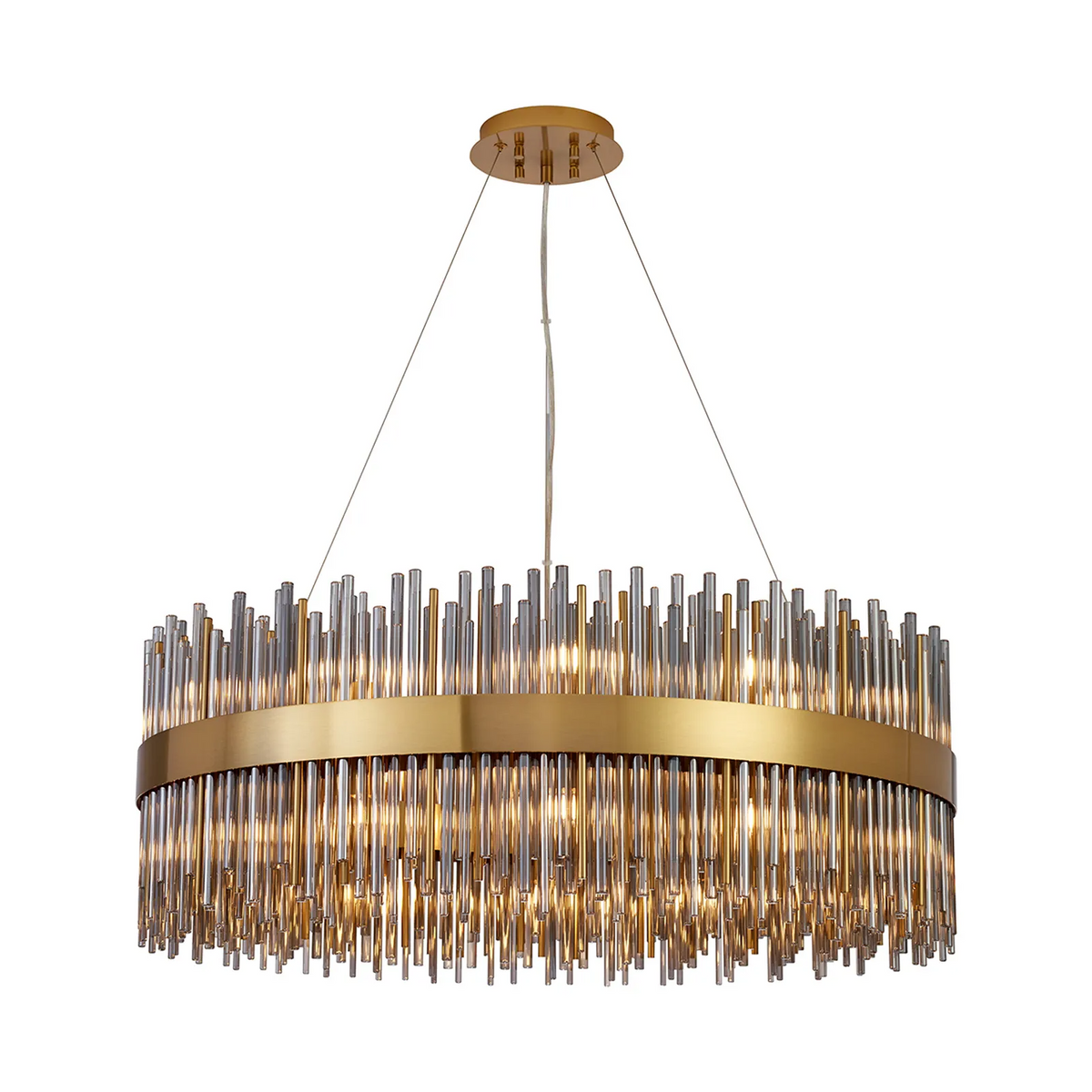 Round chandelier with gold band and clear glass rods